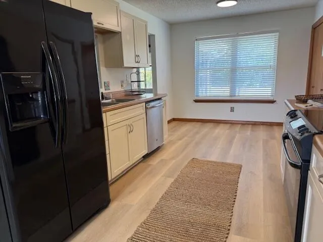 a kitchen with a refrigerator and a sink