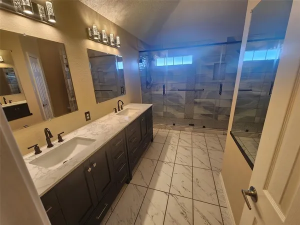 a bathroom with a sink a mirror and a shower