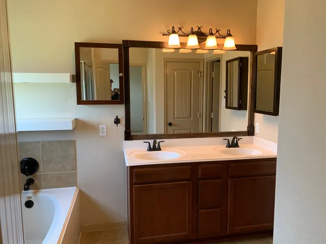 a bathroom with a double vanity sink and mirror