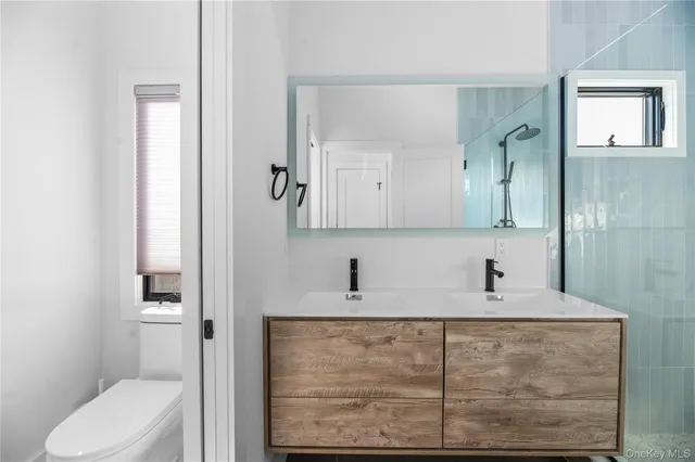 a bathroom with a sink toilet and mirror