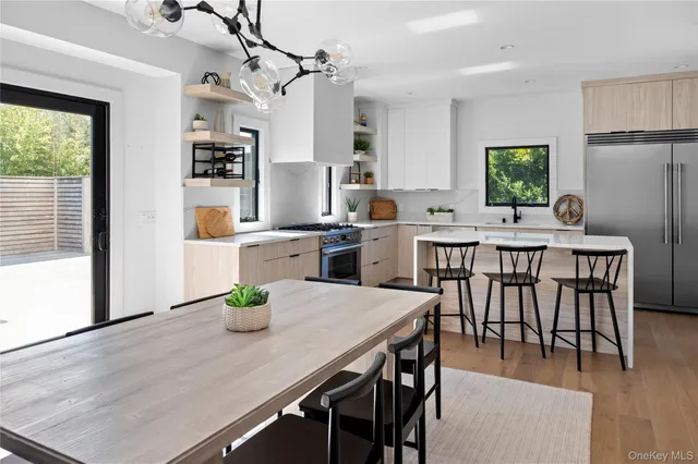 a view of a dining room with furniture
