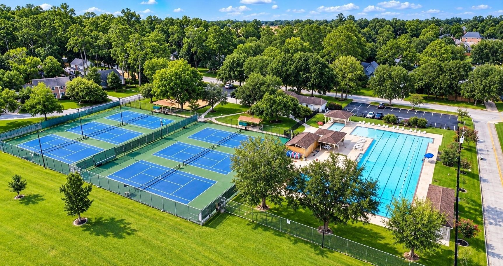 17107 Rustington Drive Spring, TX 77379 - Photo 41 of 49 Enjoy multiple options for outdoor recreation with tennis courts featuring pickleball lines, court lighting operated by manual timers for evening play, and a dedicated volleyball net nearby.