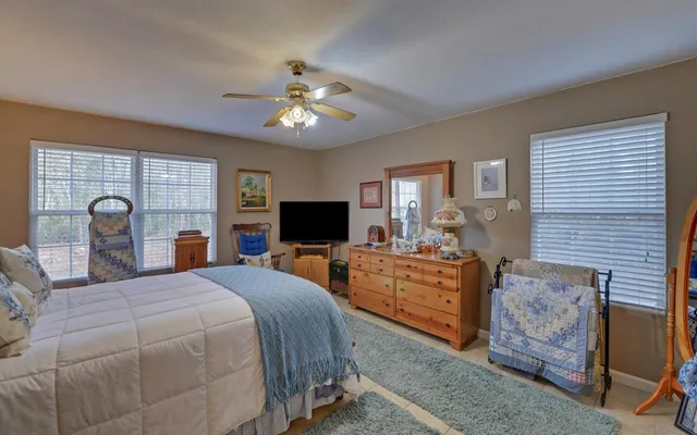 a bedroom with a bed and furniture