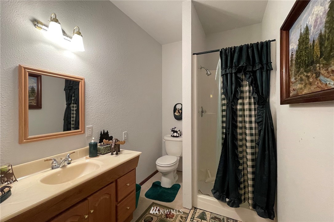 1006 Happy Valley Road Sequim, WA 98382 - Photo 31 of 40 a bathroom with a sink a toilet a shower and a mirror