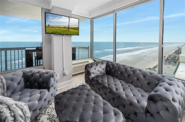 a living room with furniture and a large window