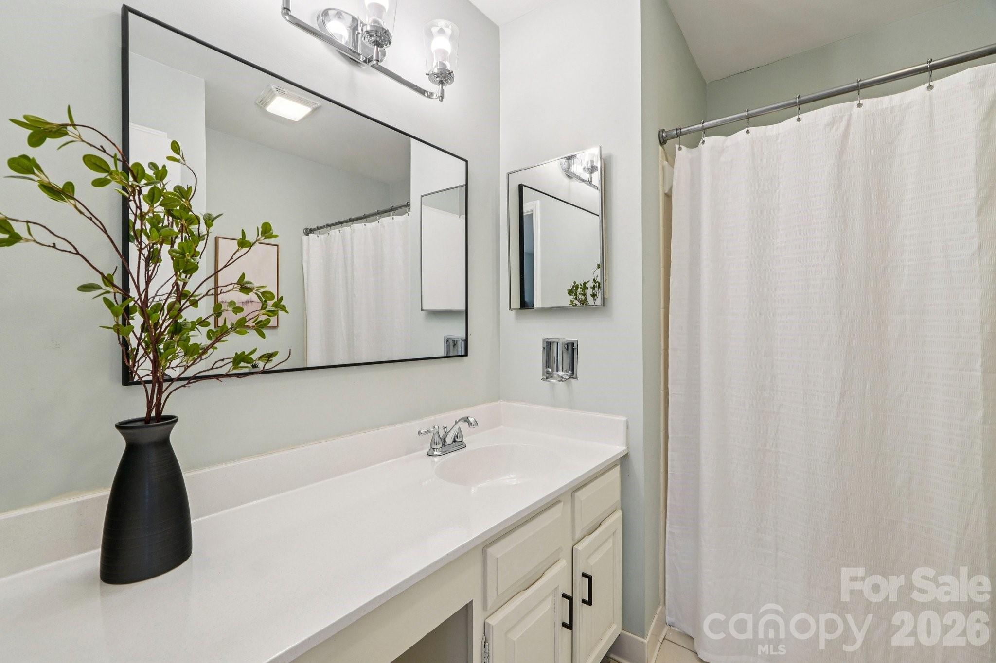 1606 Sharon Road West, Unit 40 Charlotte, NC 28210 - Photo 10 of 28 a bathroom with a sink a mirror and a shower curtain