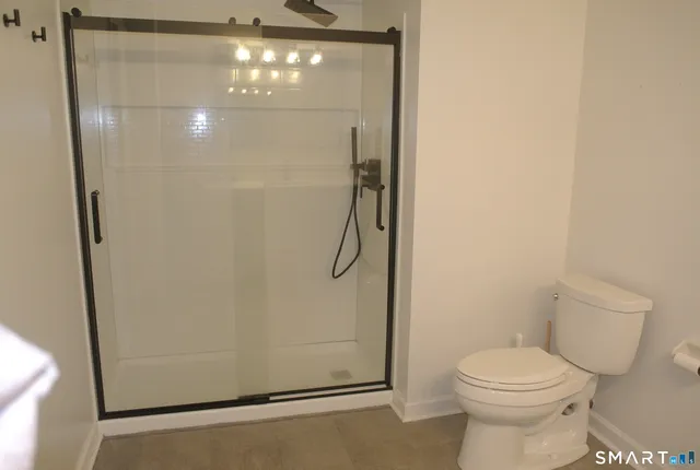 a bathroom with a toilet and a shower