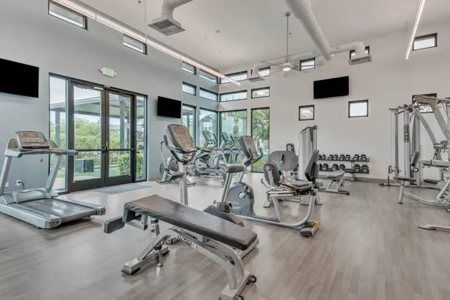 a view of a room with gym equipment