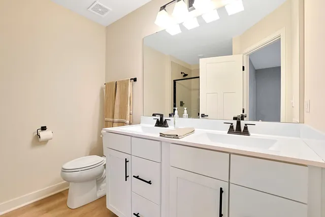 a bathroom with a toilet a sink and mirror