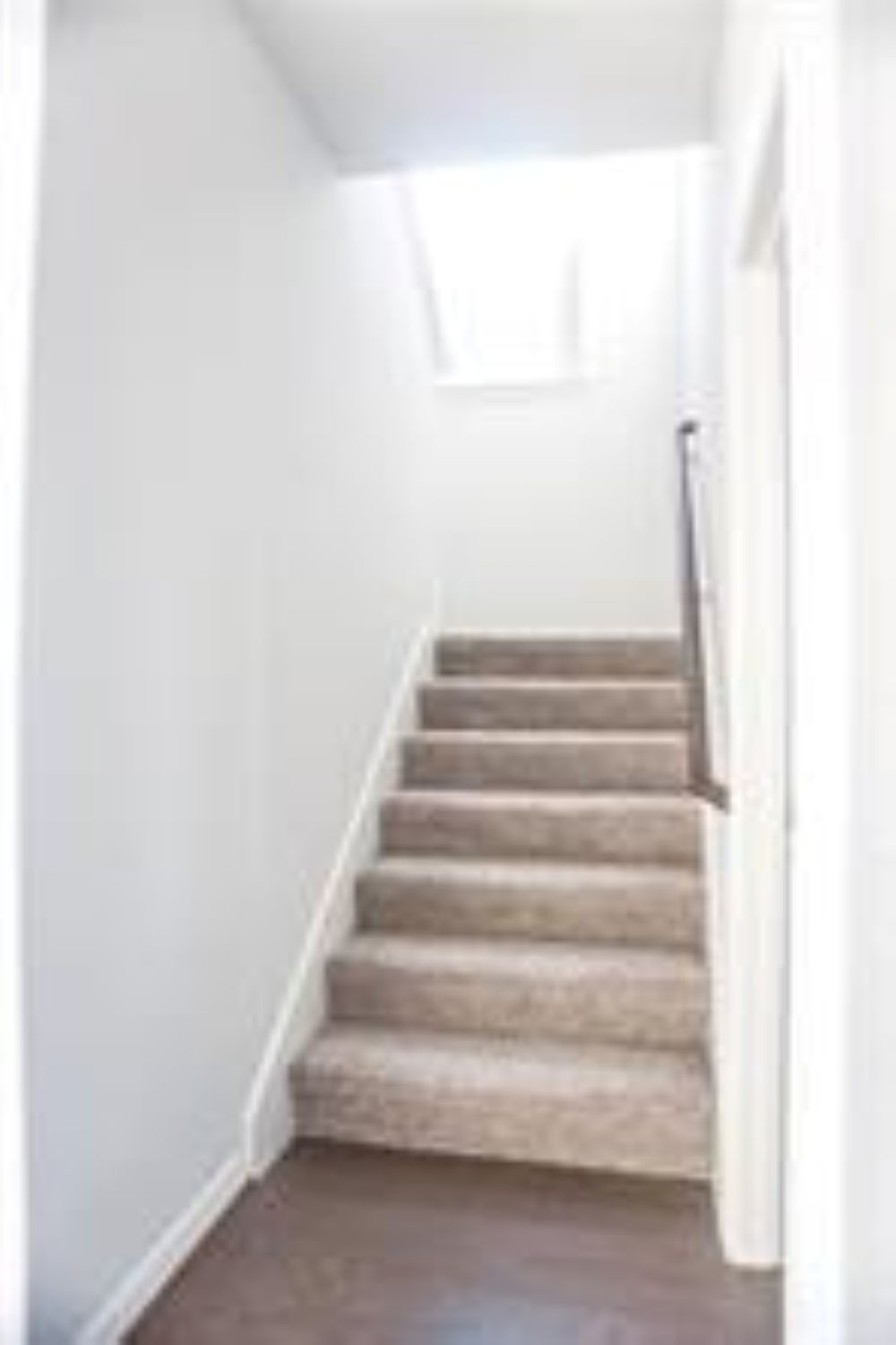 4021 Gildas Path Pflugerville, TX 78660 - Photo 5 of 19 Staircase with light brown carpeting, a dark wood-finish handrail, and white wall finishes