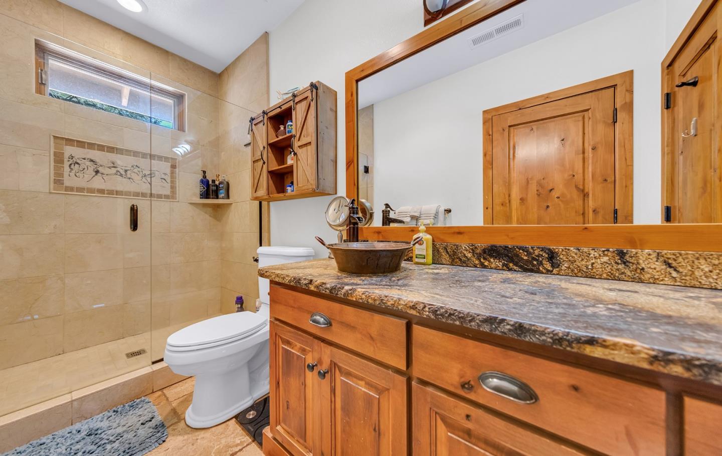 708-200 Wingfield Road East Janesville, CA 96114 - Photo 10 of 30 a bathroom with a granite countertop sink toilet and shower