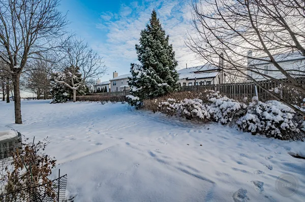 a view of a yard covered in snow