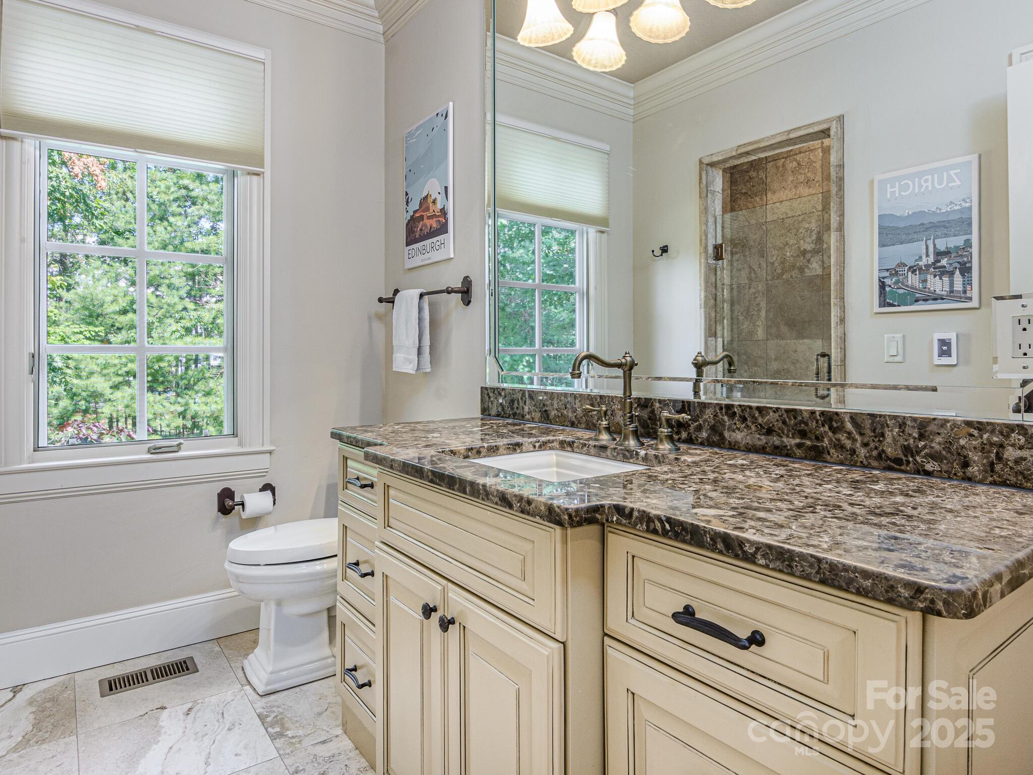 176 Valley Springs Road Asheville, NC 28803 - Photo 17 of 48 a bathroom with a granite countertop sink toilet and large mirror