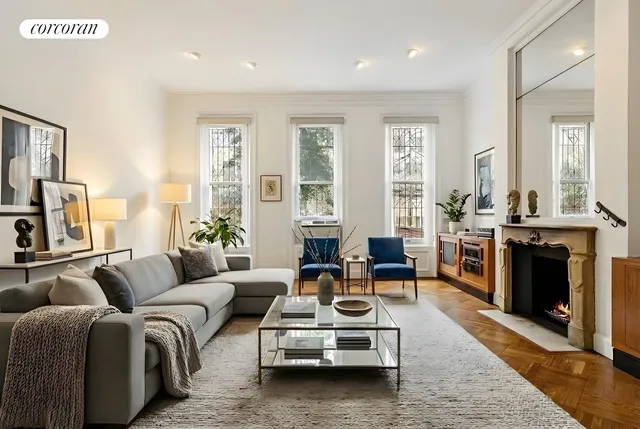 a living room with wooden floor