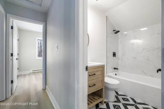 a bathroom with a bathtub