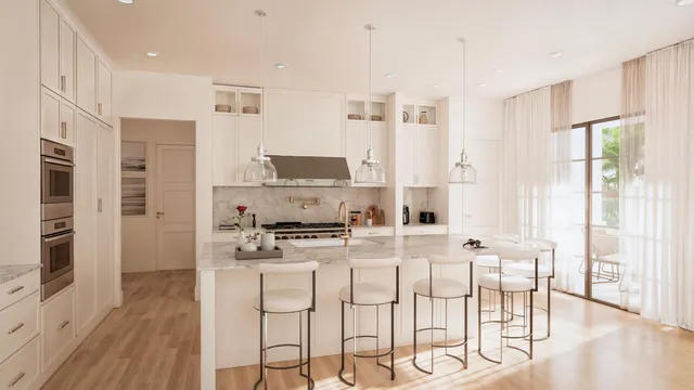 a kitchen with stainless steel appliances kitchen island granite countertop a stove a refrigerator a sink a dining table and chairs with wooden floor