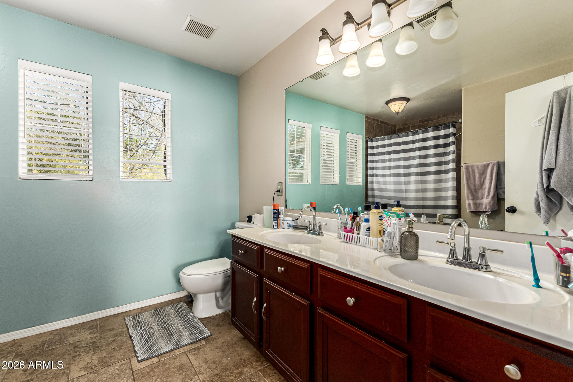 4237 East Orchid Lane Gilbert, AZ 85296 - Photo 21 of 33 a bathroom with a double vanity sink mirror and toilet