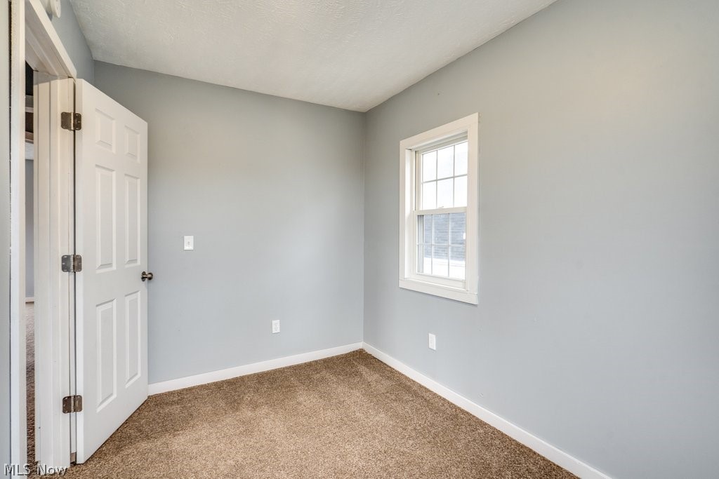 1607 9th Street Southwest Canton, OH 44706 - Photo 35 of 41 Interior room featuring light gray wall paint, textured ceiling, brown carpeting, and white baseboards