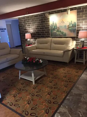 a living room with furniture a rug and a floor to ceiling window