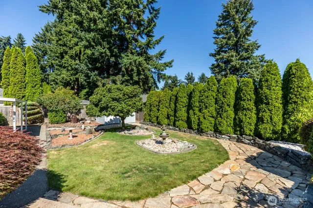 a view of a backyard with swimming pool
