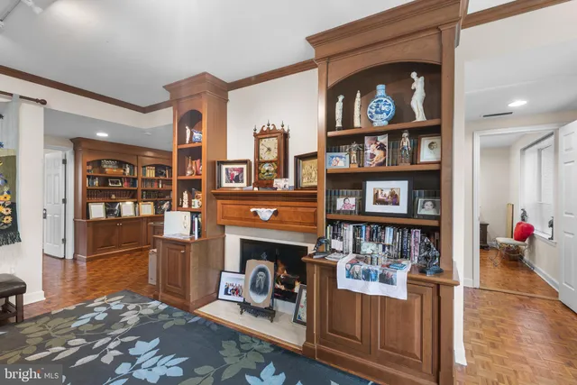 a room with a couch and a storage room