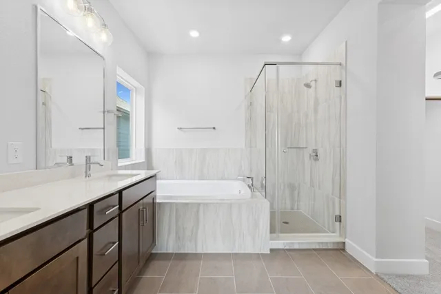 a bathroom with a double vanity sink mirror and shower