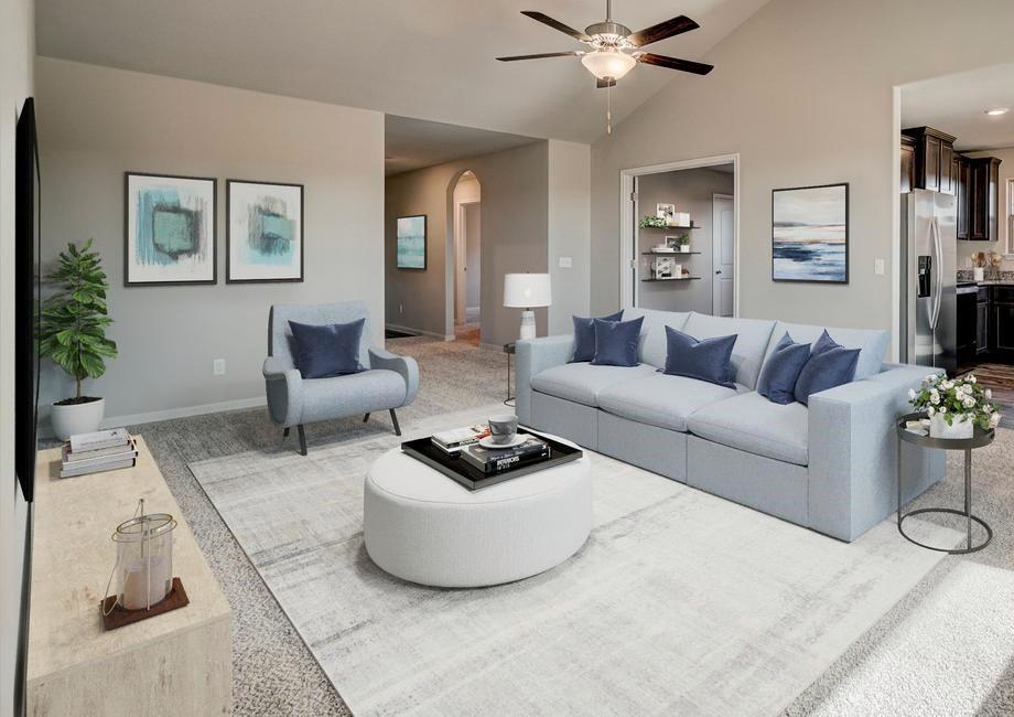 13617 Mineral Road Ponder, TX 76259 - Photo 4 of 10 Spacious living area featuring vaulted ceilings, a ceiling fan with integrated lighting, and neutral wall tones