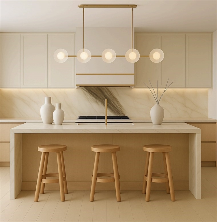 a kitchen with a sink cabinets and chair