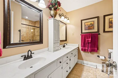 a bathroom with double vanity sinks a mirror and a shower