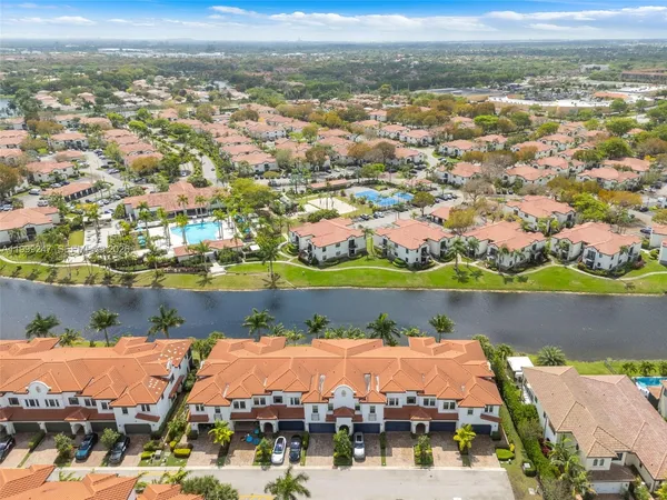an aerial view of city and lake