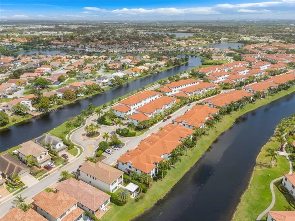 an aerial view of city and lake