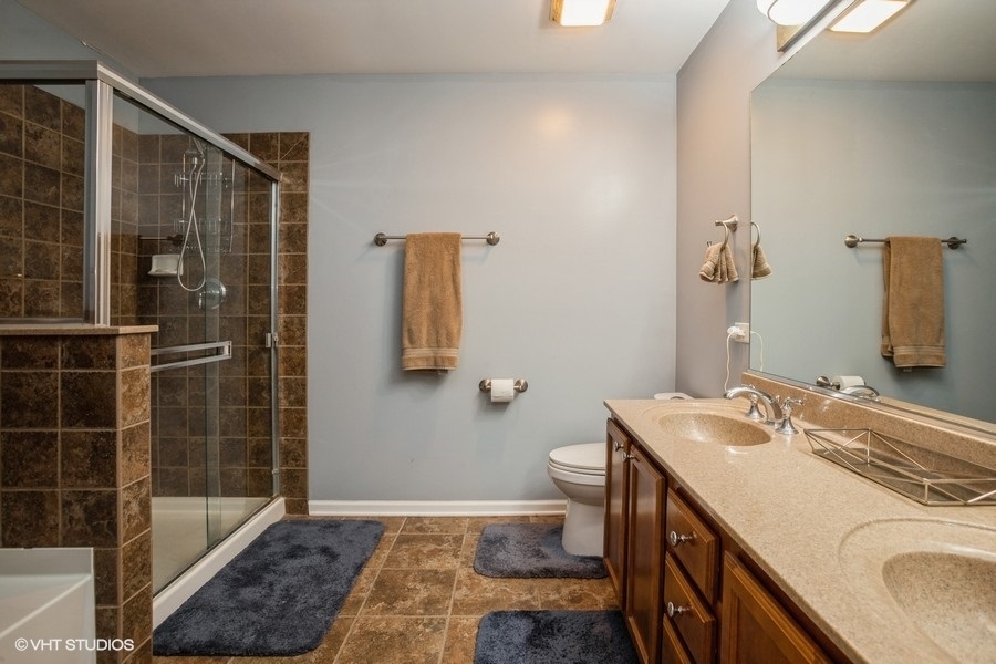 5426 Cloverdale Road Hanover Park, IL 60133 - Photo 12 of 22 a bathroom with a sink a toilet a mirror and shower