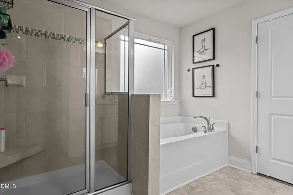 a bathroom with a bathtub and a shower