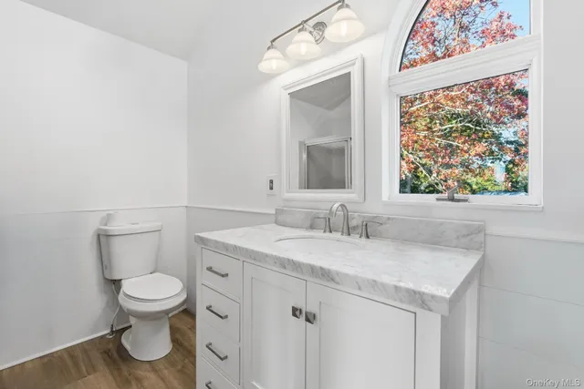 a bathroom with a toilet a sink and a mirror