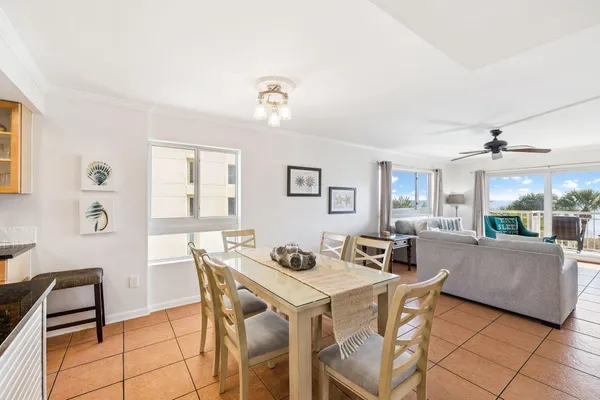 a view of a dining room with furniture