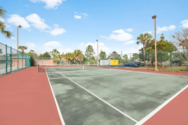 an aerial view of a swimming pool and outdoor space
