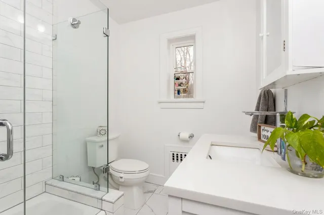 a white toilet sitting next to a shower