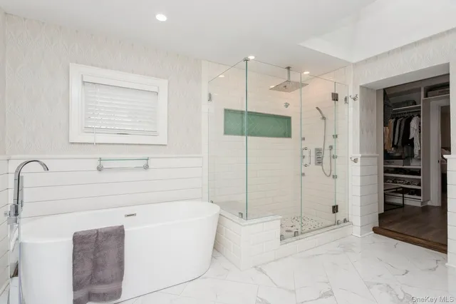 a bathroom with a bathtub and a shower