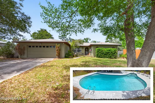 swimming pool view with a garden