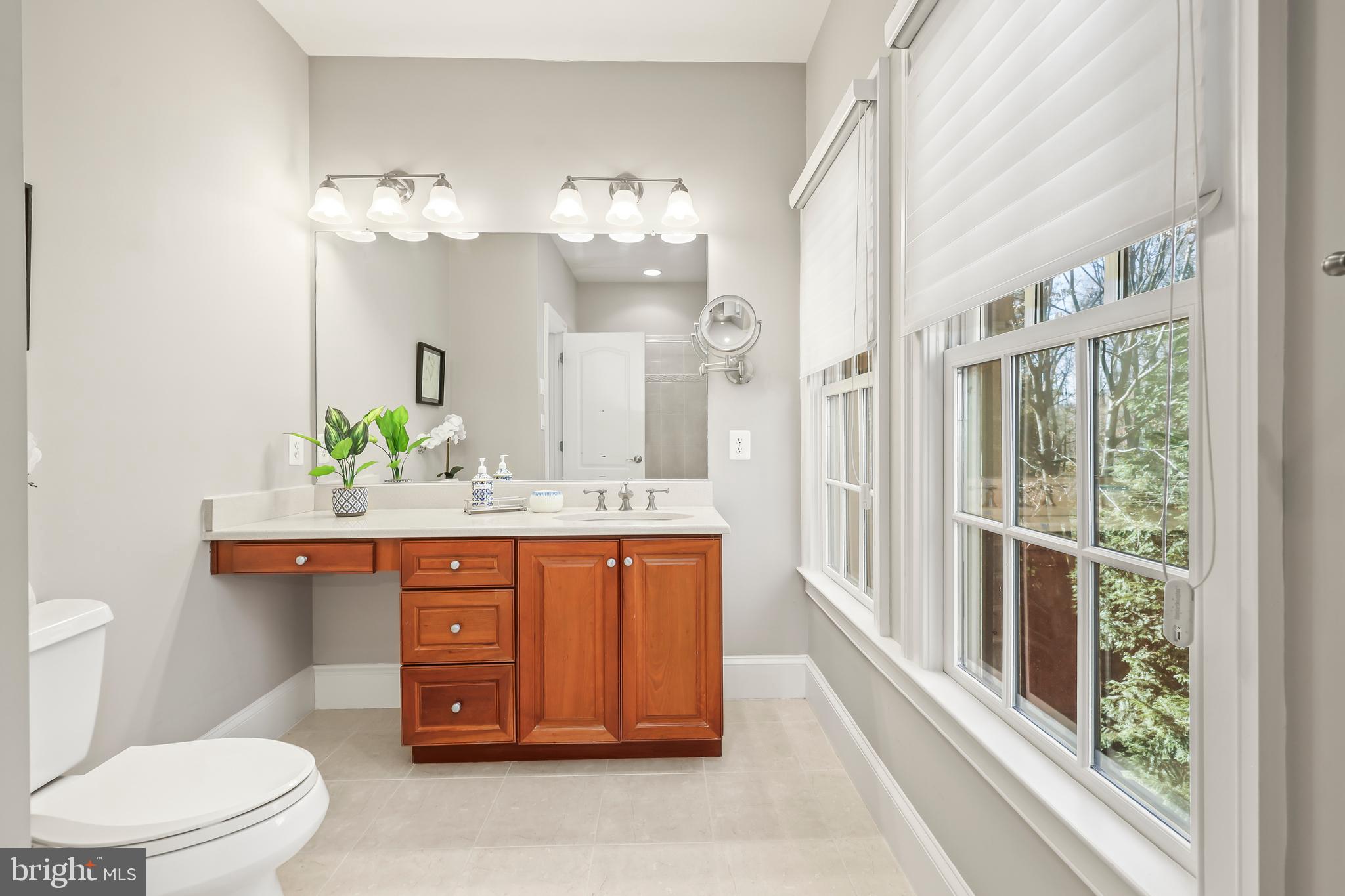 8340 Springhaven Garden Lane McLean, VA 22102 - Photo 49 of 76 a bathroom with a granite countertop sink a toilet and a large mirror