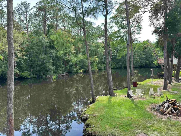 a lake view with a bench under trees