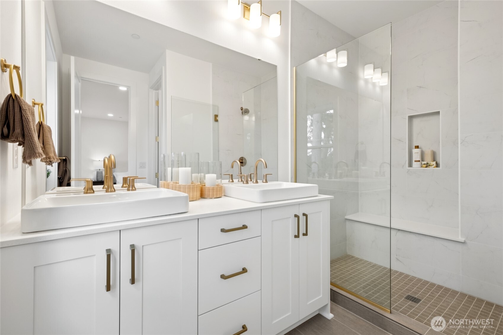 18809 99th Place Northeast, Unit C Bothell, WA 98011 - Photo 35 of 35 a bathroom with a double vanity sink mirror and shower