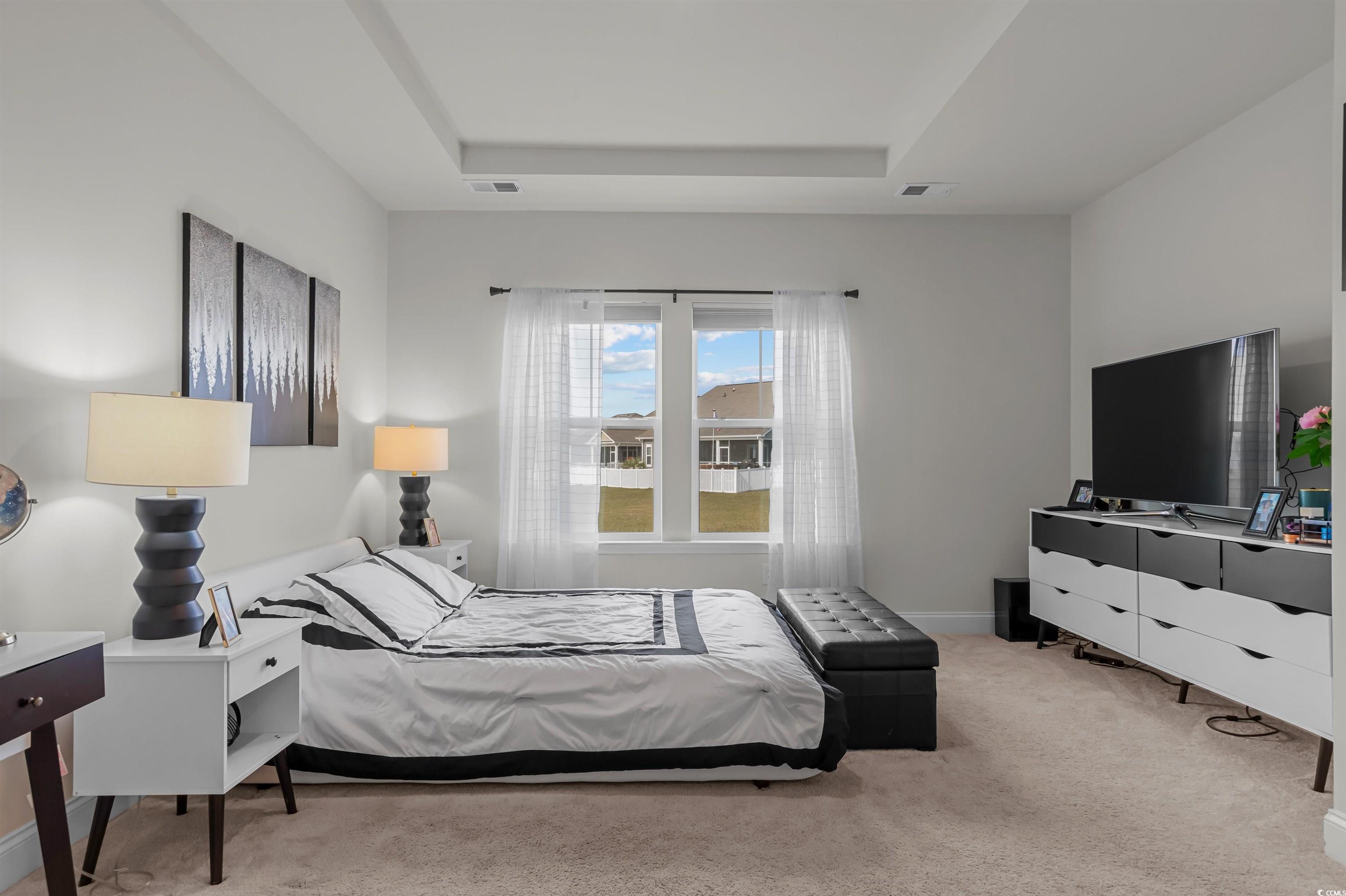 1176 HARBISON Circle Myrtle Beach, SC 29579 - Photo 24 of 40 Bedroom featuring a tray ceiling, baseboards, visible vents, and carpet floors