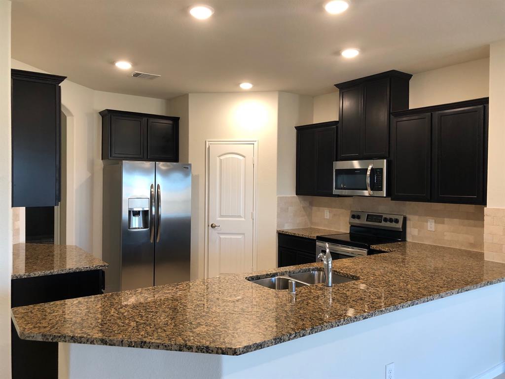 1732 Beasley Street Van Alstyne, TX 75495 - Photo 7 of 17 Kitchen with dark cabinets, appliances with stainless steel finishes, dark stone counters, a peninsula, and recessed lighting