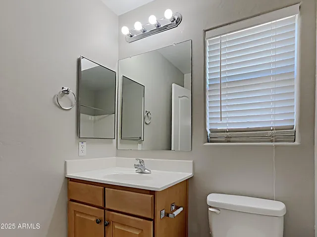 a bathroom with a toilet a sink a mirror and vanity