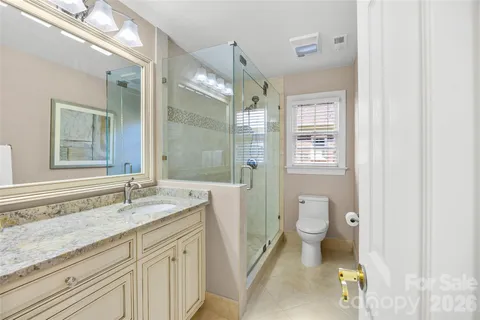 a bathroom with a granite countertop sink toilet and shower