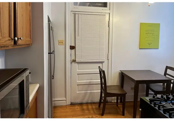 a view of a dining room with furniture