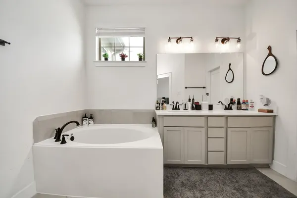 a bathroom with a bathtub a sink and mirror