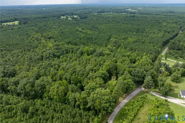 an aerial view of residential houses with outdoor space and trees