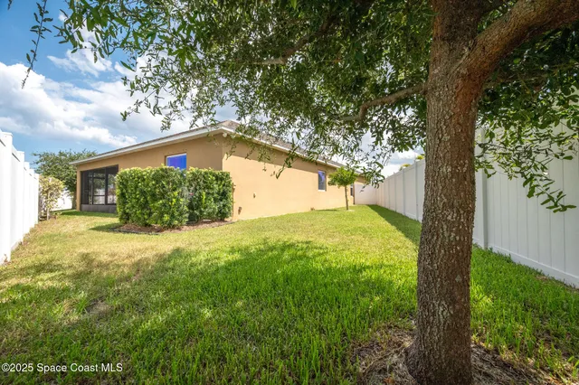 a view of a house with backyard and a tree